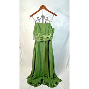 Nox USA L Green Satin Chiffon Formal Gown Long Dress Ruched Waist